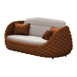 Sofa đôi dây đan bản lớn, nệm trắng kem phối gối cam đất, phong cách hiện đại