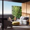 Bộ sofa sân vườn gồm sofa đôi và ghế đơn, đan dây màu ghi, nệm dày, phối cảnh ngoài trời hiện đại