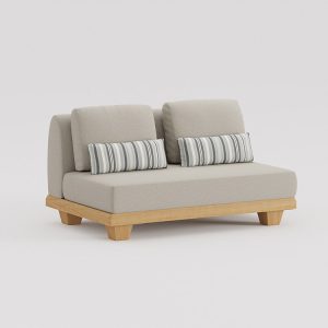Ghế đôi sofa sân vườn hiện đại, khung gỗ, nệm dày, gối sọc trang trí