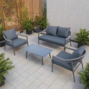 Bộ sofa ngoài trời 4 món, dây rope đan tay, nệm êm, phong cách hiện đại