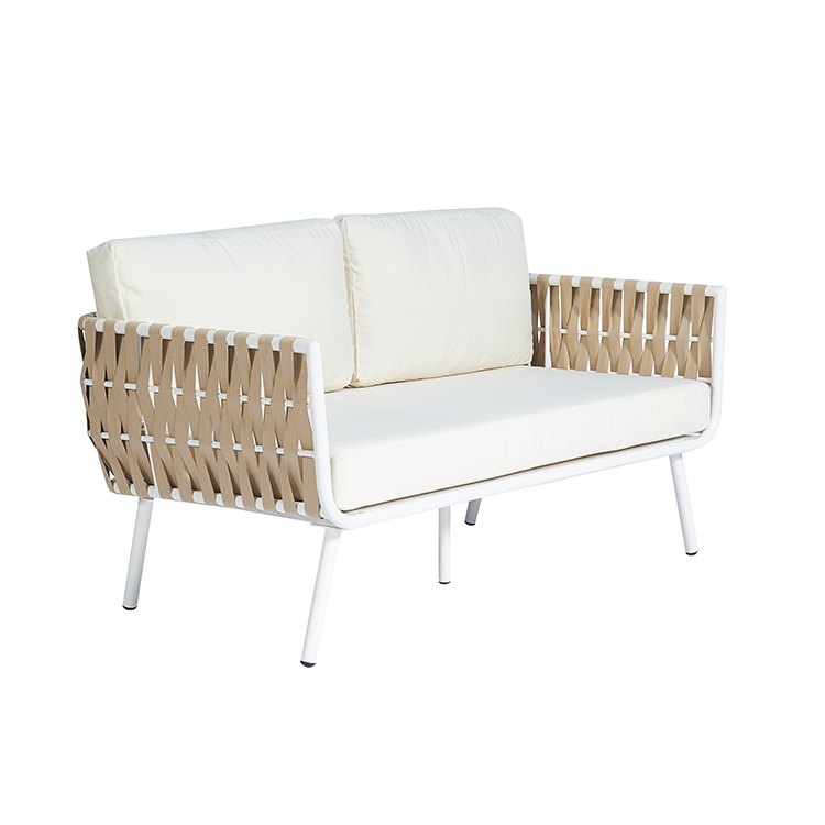 Sofa băng đôi ngoài trời dây rope màu be, khung nhôm trắng, nệm kem êm ái