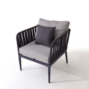 Ghế đơn sofa ngoài trời khung nhôm, đan dây, nệm và gối màu ghi xám