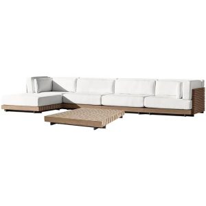 Sofa góc L ngoài trời nệm trắng, bàn trà gỗ teak đồng bộ