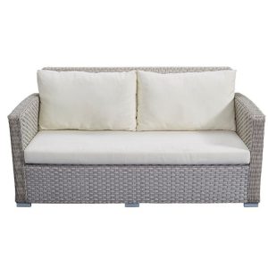 Sofa đôi giả mây ngoài trời, nệm dày màu kem, thiết kế hiện đại