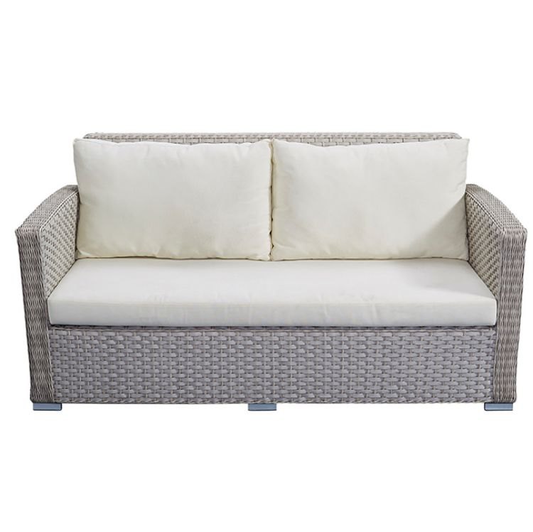 Sofa đôi giả mây ngoài trời, nệm dày màu kem, thiết kế hiện đại