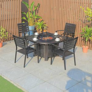 Bộ bàn ghế nhôm đúc ngoài trời 4 ghế nan ngang, bàn tròn có bếp nướng BBQ, không nệm