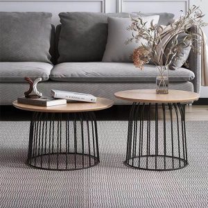 Bộ đôi bàn trà tròn mặt gỗ khung sắt, phối cùng sofa xám hiện đại