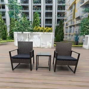 Bộ bàn ghế giả mây ngoài trời 2 ghế 1 bàn, mặt kính, phù hợp không gian chung cư