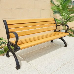 Ghế băng dài ngoài trời màu gỗ sáng, khung sắt đen, phong cách hiện đại