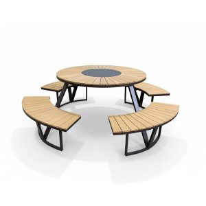 Bàn ghế picnic ngoài trời tròn liền khối, khung thép sơn tĩnh điện, mặt gỗ, phong cách hiện đại