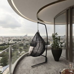 Ghế xích đu trứng ngoài trời trên ban công chung cư view thành phố