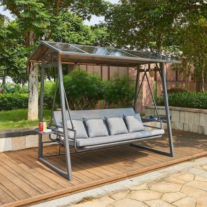 Xích đu ngoài trời 4 chỗ, nệm và gối xám, khung nhôm, mái che rộng