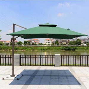 Ô dù ngoài trời lệch tâm màu xanh lá, vải polyester chống nước, thiết kế hiện đại