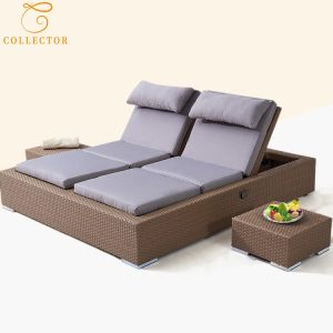 Bộ giường tắm nắng đôi PE rattan, nệm dày êm, phối bàn phụ nhỏ, chụp nền trắng rõ nét