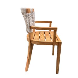 Ghế ăn ngoài trời khung gỗ, lưng đan dây rope, nhìn ngang