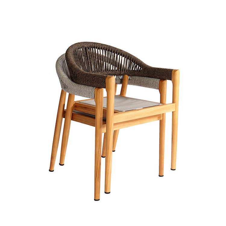 2 ghế đơn ngoài trời xếp chồng, khung gỗ teak, dây rope, nệm ngồi ghi