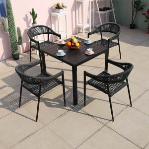 Bộ bàn ghế ngoài trời 4 ghế dây đan, bàn nhôm giả gỗ, phù hợp sân vườn, ban công