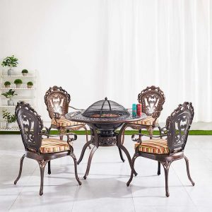 Bộ bàn ghế nhôm đúc ngoài trời, bàn tròn có bếp nướng, nệm dày êm ái