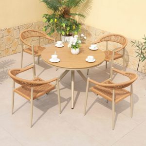 Bộ bàn ghế sân vườn 5 món bàn tròn, ghế nhôm đan dây mây thích hợp không gian nhỏ