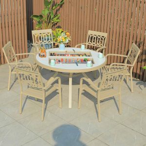 Bộ bàn ghế sân vườn nhôm đúc 7 món, màu be sáng, bàn tròn có bếp nướng BBQ