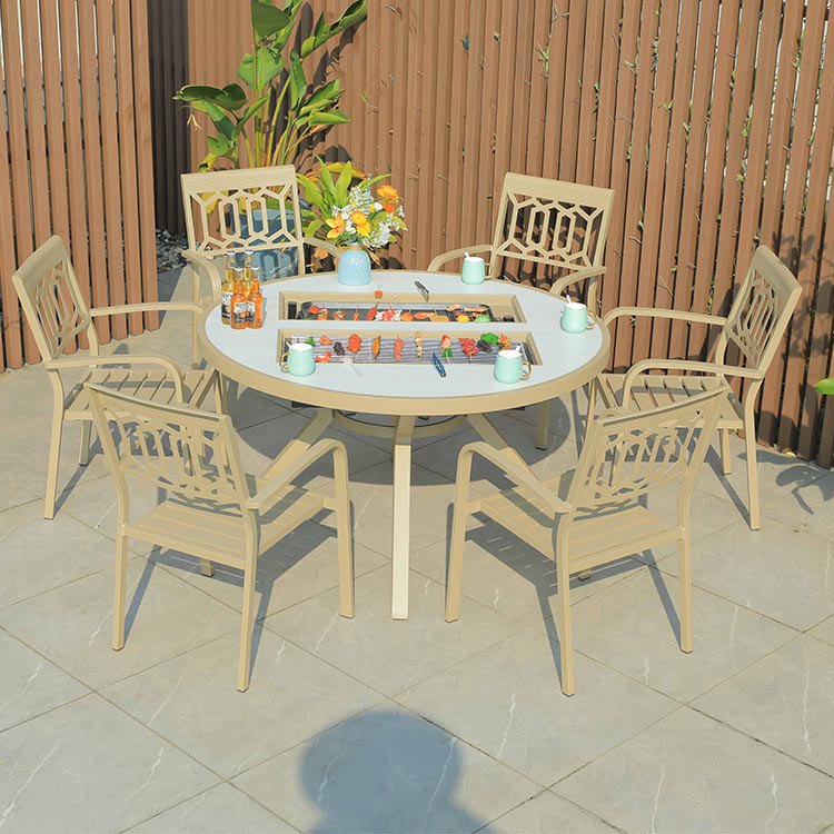 Bộ bàn ghế sân vườn nhôm đúc 7 món, màu be sáng, bàn tròn có bếp nướng BBQ