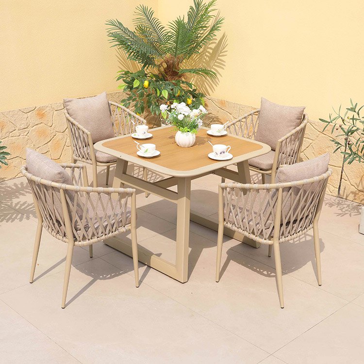 Bộ bàn ghế sân vườn 5 món bàn vuông nhỏ, khung nhôm dây rope, nệm ghi