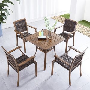Bộ bàn ghế sân vườn 5 món mặt nhôm vuông, khung nhôm giả gỗ, dây nhựa giả mây