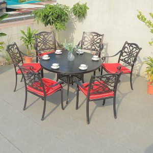 Bộ bàn ghế sân vườn nhôm đúc 7 món, lưng ghế hoa văn uốn lượn, nệm đỏ