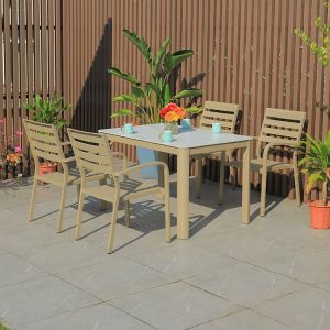 Bộ bàn ghế sân vườn 5 món, ghế nan nhựa, bàn kính cường lực, thiết kế tối giản