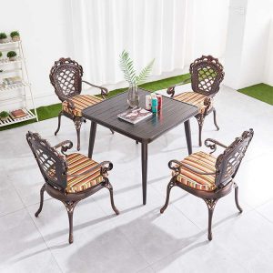 Bộ bàn ghế sân vườn nhôm đúc mặt vuông, 4 ghế nệm sọc, phù hợp ban công, sân thượng
