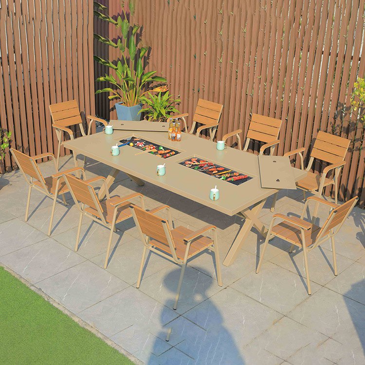 Bộ bàn ghế sân vườn 9 món, ghế nhôm phối giả gỗ, bàn tích hợp bếp nướng BBQ