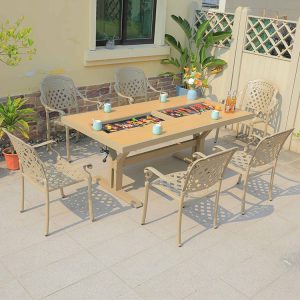 Bộ bàn ghế nhôm đúc ngoài trời 7 món, thiết kế hiện đại, bàn dài tích hợp bếp nướng BBQ