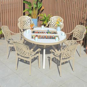 Bộ bàn ghế sân vườn nhôm 6 ghế lưng caro, bàn tròn có bếp nướng BBQ ngoài trời