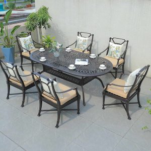 Bộ bàn ghế sân vườn nhôm đúc 6 ghế, nệm kem, gối tựa hoa lá, khung chắc chắn