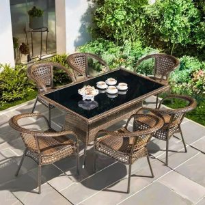 Bộ bàn ghế giả mây 7 món ngoài trời, bàn kính chữ nhật, phù hợp sân vườn, nhà hàng