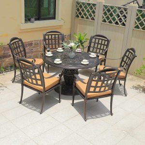 Bộ bàn ghế sân vườn nhôm đúc 6 ghế, lưng ghế caro, nệm ngồi màu vàng kem