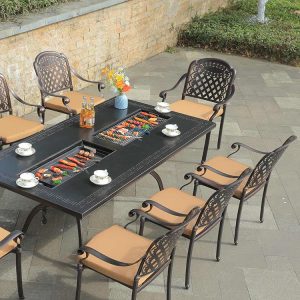 Bộ bàn ghế sân vườn nhôm đúc 6 ghế, nệm màu nâu, bàn có bếp nướng BBQ