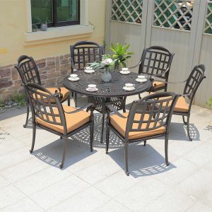 Bộ bàn ghế sân vườn nhôm đúc 6 ghế lưng caro, nệm ngồi màu vàng kem