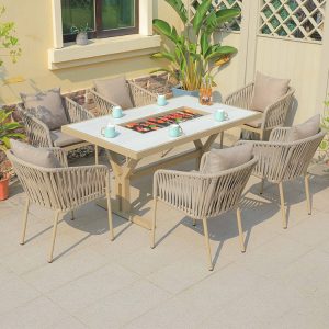 Bộ bàn ghế sân vườn 7 món khung nhôm, ghế dây rope có nệm êm, bàn tích hợp bếp nướng