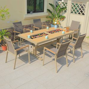 Bộ bàn ghế sân vườn 7 món, ghế textilene phối nhôm, bàn dài tích hợp bếp nướng BBQ