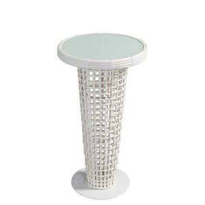 Bàn phụ nhỏ ngoài trời nhựa giả mây trắng, mặt kính cường lực, thích hợp đặt đồ uống