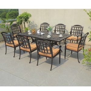 Bộ bàn ghế sân vườn nhôm đúc 8 ghế tựa vuông, nệm màu kem, phong cách cổ điển sang trọng