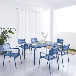 Bộ bàn ghế ngoài trời nhôm màu xanh dương, 6 ghế đơn, phong cách hiện đại, dễ vệ sinh