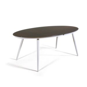 Bàn oval lớn mặt kính màu nâu, chân nhôm trắng, thiết kế hiện đại