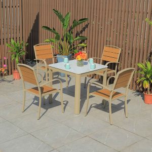 Bộ bàn ghế sân vườn nhôm mặt đá vuông, 4 ghế lưng nan nhựa giả gỗ, sang trọng