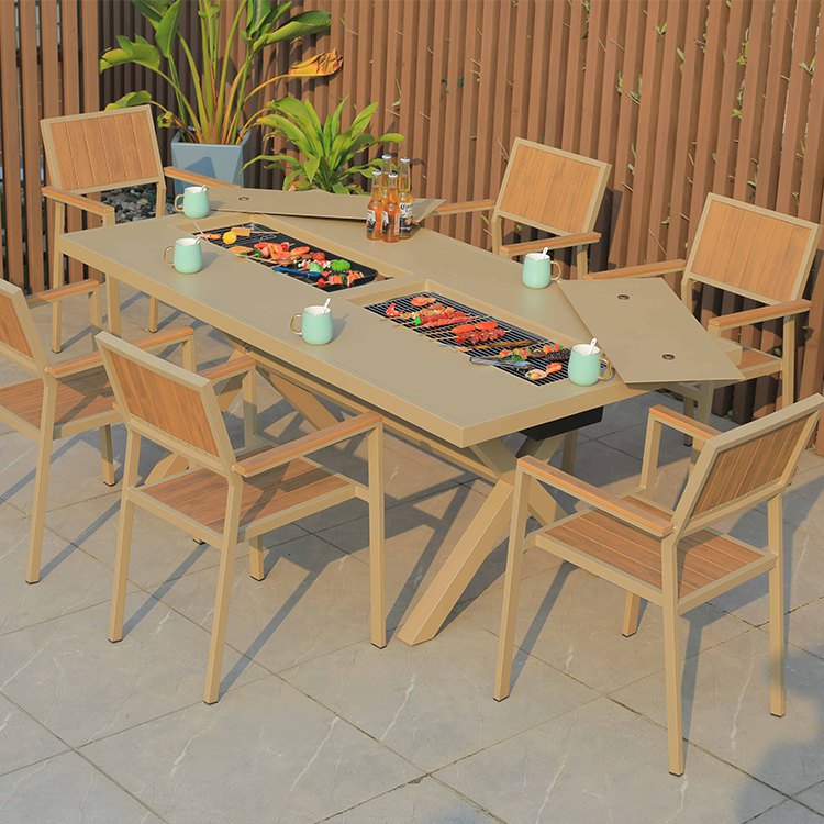 Bộ bàn ghế sân vườn 6 ghế nhựa giả gỗ, bàn nhôm tích hợp bếp nướng BBQ tiện lợi