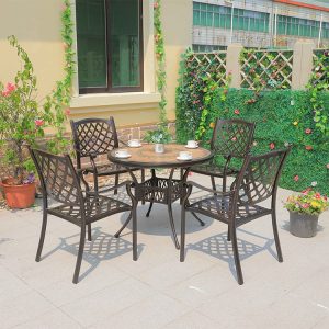 Bộ bàn ghế sân vườn nhôm đúc, mặt bàn đá mosaic, không nệm, phong cách tân cổ điển