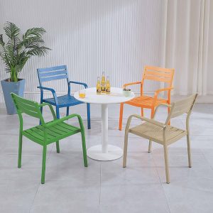 Bộ bàn ghế nhôm 4 ghế màu sắc, bàn tròn trắng, thiết kế đơn giản, phù hợp không gian ngoài trời