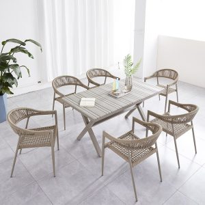 Bộ bàn ghế sân vườn 6 ghế dây nhựa giả mây, khung nhôm, không nệm