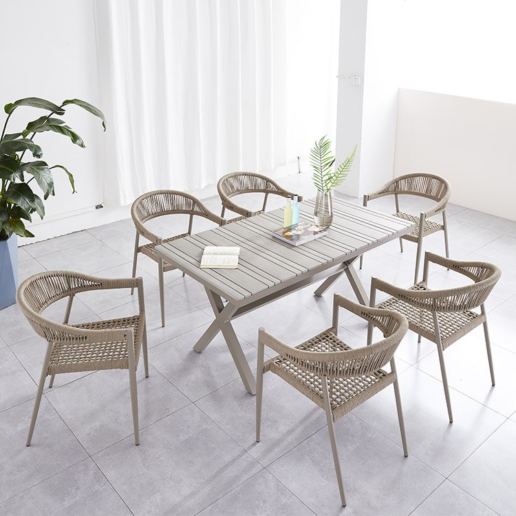 Bộ bàn ghế sân vườn 6 ghế dây nhựa giả mây, khung nhôm, không nệm